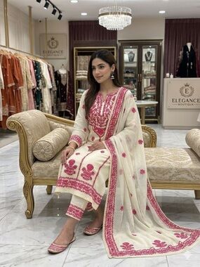 Salwar Kameez by Salwar Kameez - Ivory with Pink Embroidery